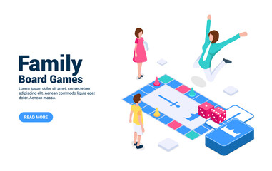 Board Games for whole family concept. Parents and children have fun together by playing a game. Isometric vector illustration on white background
