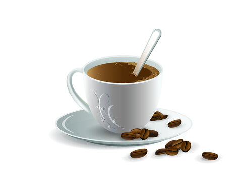 Coffee drink in a small white cup on a saucer and coffee beans near isolated on a white background. Vector illustration. 