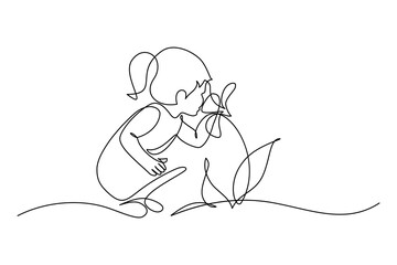Child smelling flower in continuous line art drawing style. Small girl squatted down to sniff the fragrant flower. Black linear sketch isolated on white background. Vector illustration