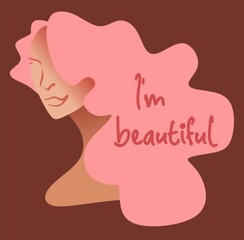 A woman with pink hair and the inscription on them I am beautiful