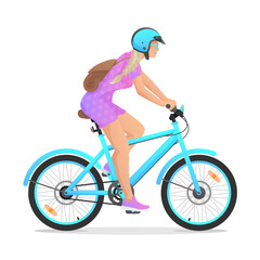 Blue retro bicycle, cycle, bike with woman, girl in purple dress and brown backpack isolated on white background. Vector illustration for design, flyer, poster, banner, web, advertising.