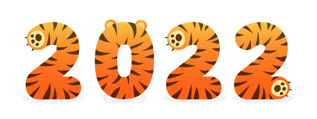 Orange, ginger, yellow flat numbers 2022 with tiger stripes, skin with paws and ears on white background. Animal print. Happy New Year illustration for postcard, banner, decor, design, arts.
