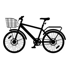 Black silhouette of retro bicycle, cycle, bike with luggage rack and basket isolated on white background. Vector illustration for design, flyer, poster, banner, web, advertising.