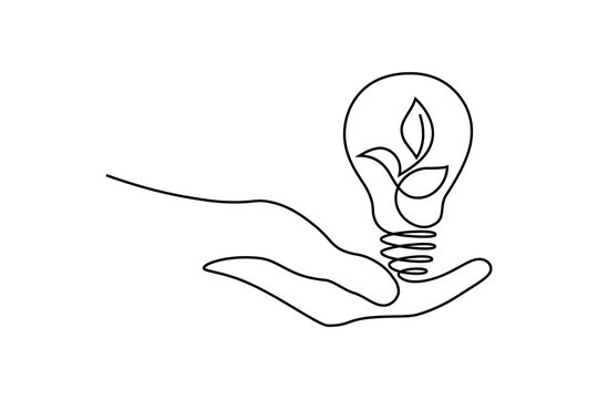 Green energy icon in continuous line art drawing style. Human hand holding light bulb with plant inside as a symbol of environmental friendly sources of energy black linear design on white background