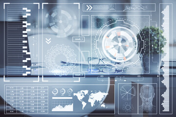 Multi exposure of data theme drawing and office interior background. Concept of technology.