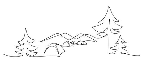 Tourist campsite in continuous line art drawing style. Summer camp. Tent camping area in the forest minimalist black linear sketch isolated on white background. Vector illustration © GarkushaArt