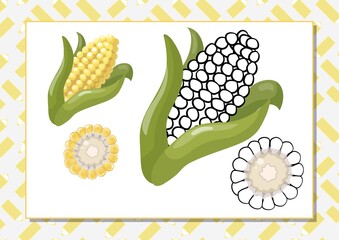 The task for preschool children to develop fine motor skills. Vector illustration. Worksheet for printing. Yellow corn.