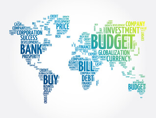 Plakat Business and Invest word cloud in shape of world map, finance concept background