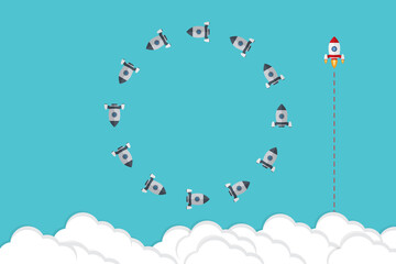 Different Approach - Different Direction. Group of rockets flying in one direction and with one individual flying in the different way, can be used leadership/individuality concepts.	