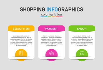 Concept of shopping process with 3 successive steps. Three colorful graphic elements. Timeline design for brochure, presentation, web site. Infographic design layout.