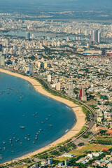 Aerial view of Da Nang city, Vietnam. Cityscape view at Son Tra peninsula