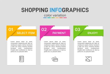 Concept of shopping process with 3 successive steps. Three colorful graphic elements. Timeline design for brochure, presentation, web site. Infographic design layout.