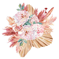 watercolor illustration. Wedding bouquet in boho style, peony roses, flowers,pampas grass, palm leaves, dried flowers.