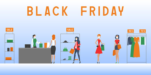 Black Friday shopping. Buyers in medical masks. Vector illustration.