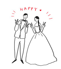 ピースサインをする新郎新婦、男女、ウエディング、結婚式　D
