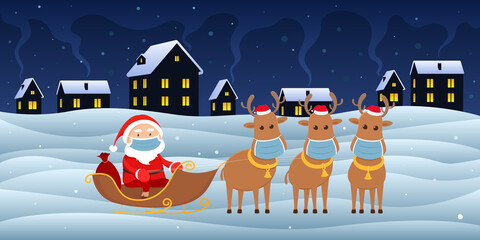 Santa Claus in mask on reindeer sledge. Cartoon style. Vector illustration.