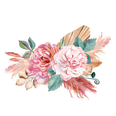 watercolor illustration. Wedding bouquet in boho style, peony roses, flowers,pampas grass, palm leaves, dried flowers.