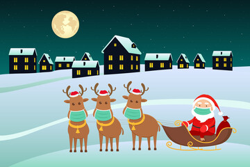 Santa Claus in medical mask on reindeer sledge. Vector illustration.