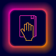 Glowing neon line Oath on the Holy Bible icon isolated on black background. The procedure in court. Truth and truth. Promise before god. Colorful outline concept. Vector