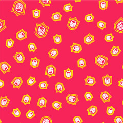 Line Shield with pirate skull icon isolated seamless pattern on red background. Vector