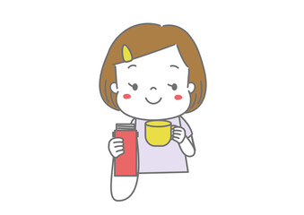 水筒からお茶を飲む　水分補給をする女の子
