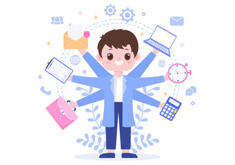 Multitasking Business Man Or Office Worker as Secretary Surrounded By Hands With Holding Every Job In The Workplace. Vector Illustration