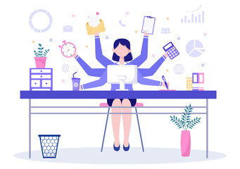 Multitasking Business Woman Or Office Worker as Secretary Surrounded By Hands With Holding Every Job In The Workplace. Vector Illustration