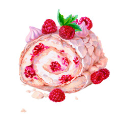 Tender meringue roll with raspberries. The image is hand-drawn and isolated on a white background. Drawn with markers.