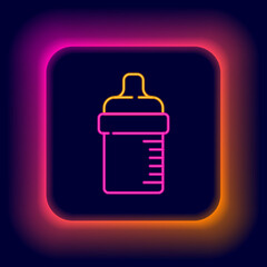 Glowing neon line Baby bottle icon isolated on black background. Feeding bottle icon. Milk bottle sign. Colorful outline concept. Vector