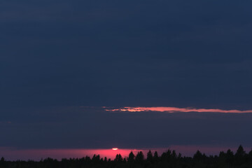 View of the gloomy purple sky at sunset with pink sun and forest