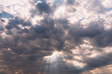 A view of a dark cumulus cloud in the sky through which the sun's rays break through