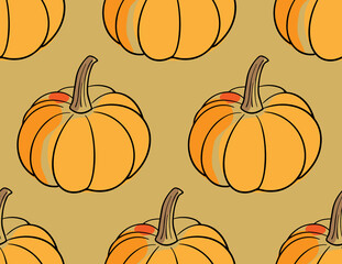 Seamless pattern with hand drawn pumpkins in black ink outline with abstract organic shapes in autumn colors. Cute simple fall, Halloween, Thanksgiving vector background boho abstract design