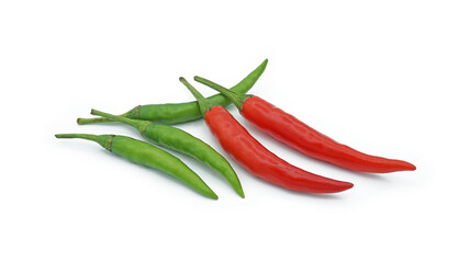 Red and green chili pepper, Hot spice seasoning, Ingredients for spicy food, Isolated on white...