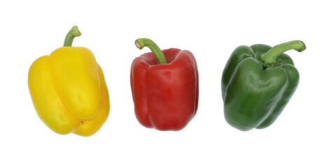 Fresh green, red and yellow sweet pepper or bell pepper, Spice seasoning, Ingredients for spicy food, Isolated on white background, Cut out with clipping path, Top view
