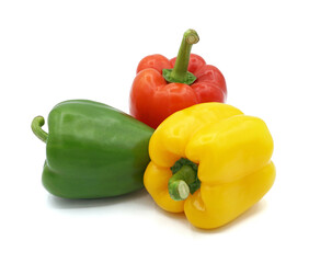Fresh green, red and yellow sweet pepper or bell pepper, Spice seasoning, Ingredients for spicy food, Isolated on white background, Cut out with clipping path