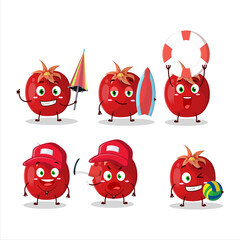 Happy Face pomegranate cartoon character playing on a beach