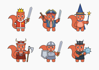 Set of squirrel mascots in various fantasy outfits. Squirrel king, pirate, wizard, viking, knight. Vector illustration bundle
