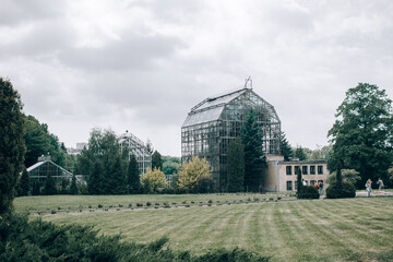 Large glass greenhouse in a botanical gaden in Lviv, Ukraine