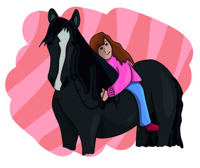 Colored vector illustration - a girl hugs her horse