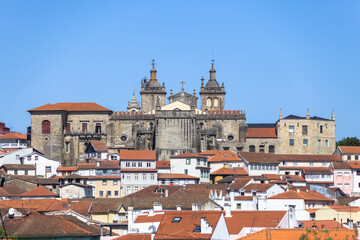 Fototapeta na wymiar View at the Viseu city, with Cathedral of Viseu on top, Se Cathedral de Viseu, architectural icons of the city