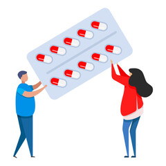 Large syringe with a vaccine and doctors with medicines during treatment. doctors with syringe and pills. Vector illustration