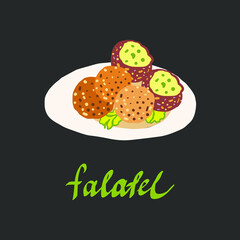 tasty vegan falafel on white plate with hand drawn text Falafel. isolated colorful vector illustration on grey background