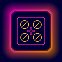 Glowing neon line Pills in blister pack icon isolated on black background. Medical drug package for tablet, vitamin, antibiotic, aspirin. Colorful outline concept. Vector