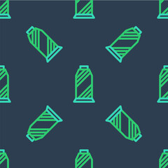 Line Sewing thread on spool icon isolated seamless pattern on blue background. Yarn spool. Thread bobbin. Vector