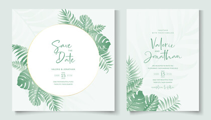 Wedding invitation design with tropical leaf ornament