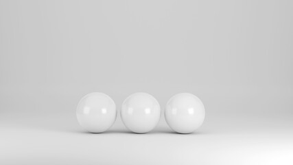 Three white spheres on a white background as 3D illustration