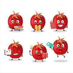 A picture of pomegranate cartoon character concept reading an amusing book