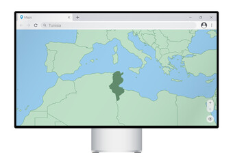 Computer monitor with map of Tunisia in browser, search for the country of Tunisia on the web mapping program.