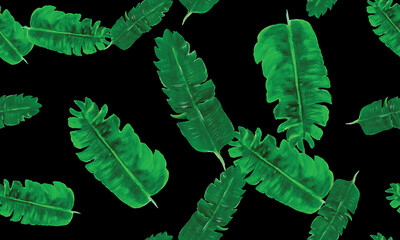 Black Seamless Nature. Organic Pattern Plant. Natural Tropical Textile. Green Garden Botanical. Watercolor Vintage. Floral Vintage. Flora Hibiscus. Banana Leaves.