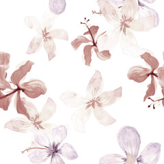 Azure Tropical Art. Gray Seamless Plant. Brown Pattern Texture. Blue Flower Illustration. White Spring Leaves. Flora Nature. Decoration Art. Flora Design.